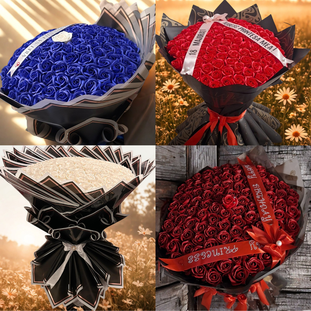 Buchete multicolore cu trandafiri din satin 51-101-201 sau chiar 301 trandafiri din satin