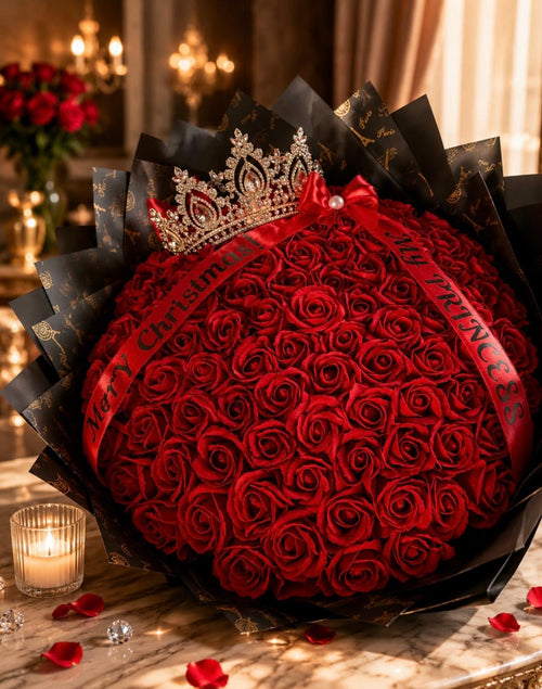 Buchet elegant din 101 trandafiri din satin
